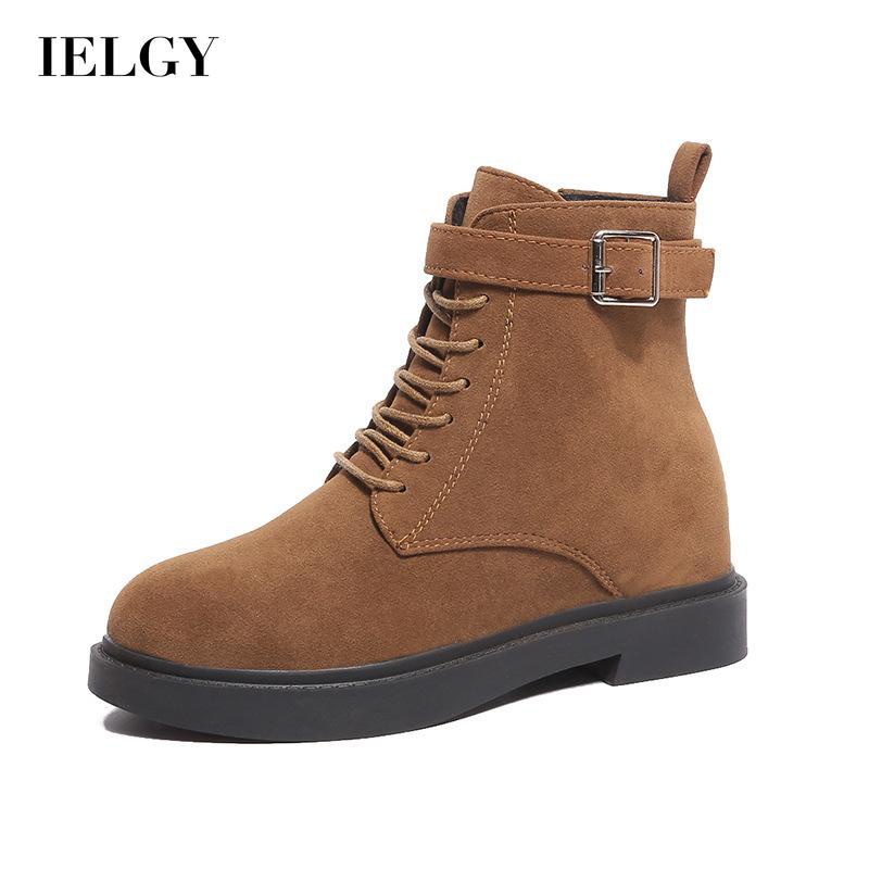 Giày boot IELGY ống da lộn có dây buộc khóa gài đế bằng phong cách Hàn Quốc thời trang cho nữ