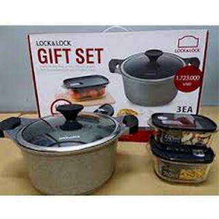 Bộ nồi đá lock & lock gồm 1 nồi đá 24cm và 2 hộp thủy tinh chịu nhiệt.