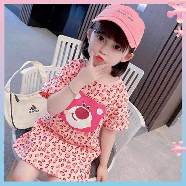 ✨Girls cartoon short-sleeved dress 2022 spring and summer new children's pink leopard print bear mid-length T-shirt skirt