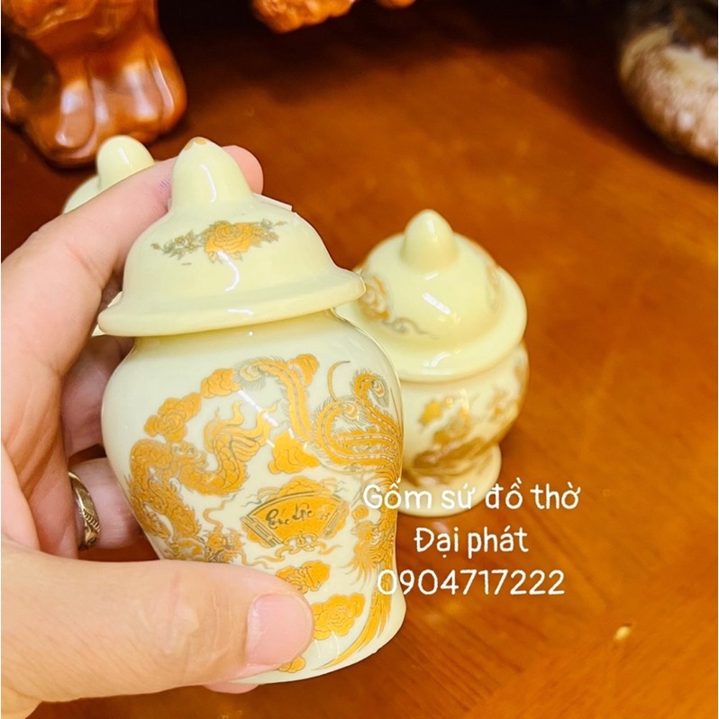 Choé thờ đựng muối gạo nước, hũ đựng muối gạo nước màu ngà vàng chất liệu gốm sứ