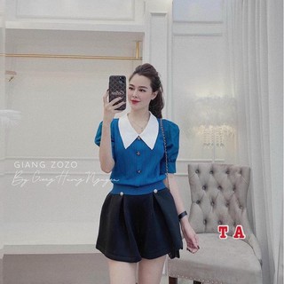 Áo len nữ cổ đức phối sơ mi tay bồng