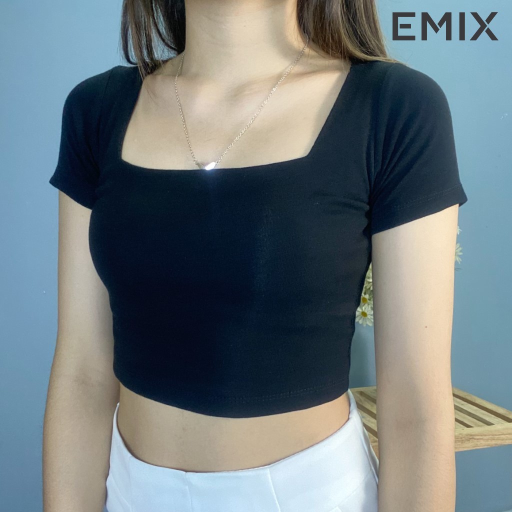 Áo thun nữ croptop cổ vuông EMIX (2 màu), cộc tay, dài 36cm, chất díp siêu co giãn, vải đẹp không lộ Crop205/P2.K6