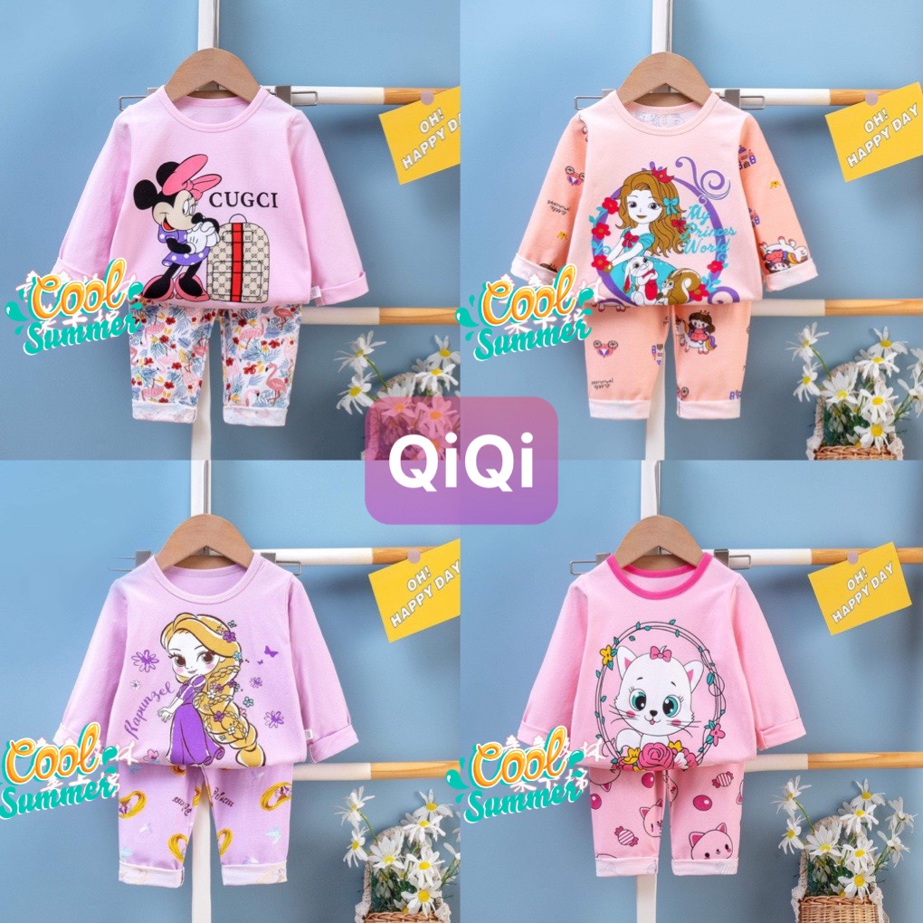 Đồ bộ bé gái quảng châu xuất hàn  Bộ quần áo dài tay QiQi cotton xuất Hàn cho bé gái
