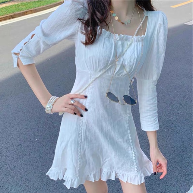 Bigsize S-4XL Đầm cổ vuông viền bèo dáng xoè nhẹ tiểu thư
