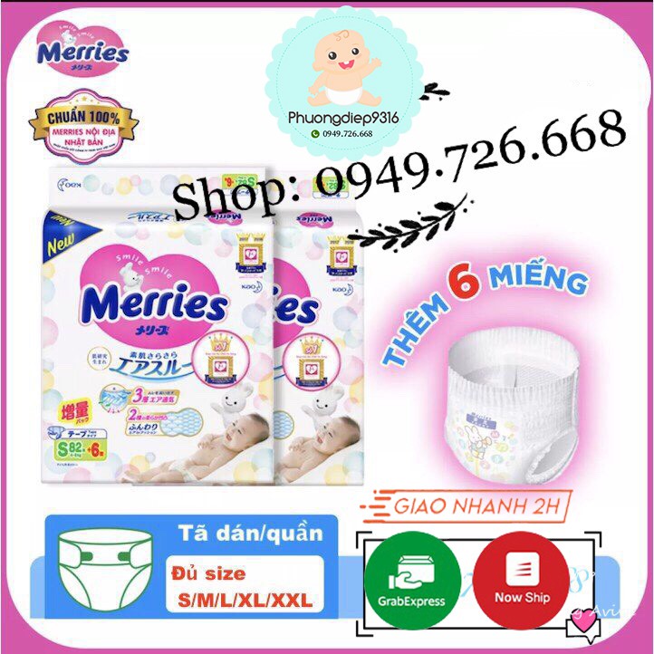 Tã dán, quần Merries nội địa Nhật cộng miếng đủ size NB96/S88/M68/L58/M64/L50/XL44/XXL28