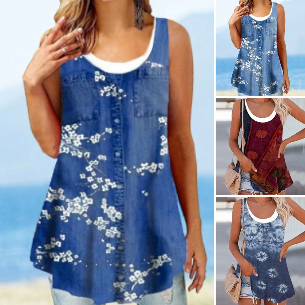 Áo Denim Sát Nách Cổ Tròn In Họa Tiết Hoa Thời Trang Đường Phố Cho Nữ