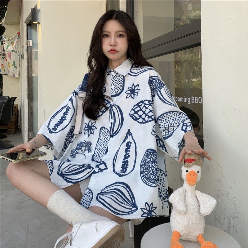 Áo sơ mi RENJIANVSHENG 157456 ngắn tay họa tiết hoa trái cây phong cách retro Nhật Bản độc đáo