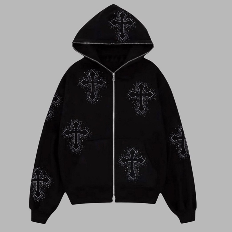 Áo Hoodie Dây Kéo Đính Đá 10MK Phong Cách Hip Hop Punk Gothic