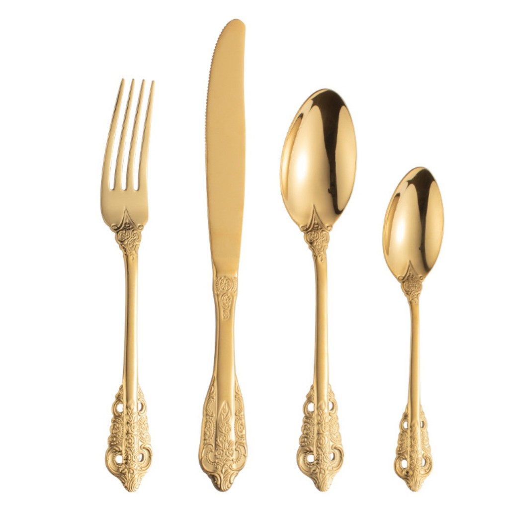 Bộ đồ ăn Hoàng Gia: Dao, Thìa, Dĩa, Kéo bằng thép không gỉ (304), màu vàng óng theo phong cách sang trọng và đẳng  cấp