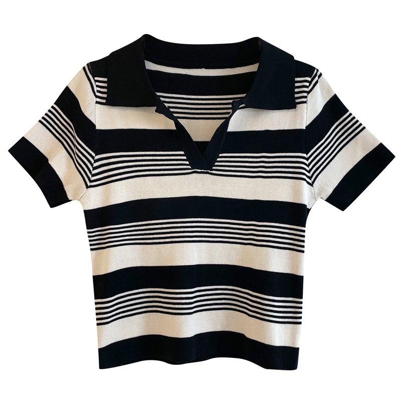 QADCOL  Áo polo Dệt Kim Mỏng Dáng Ôm Tay Ngắn Kẻ Sọc Kiểu Retro Dễ Phối Đồ