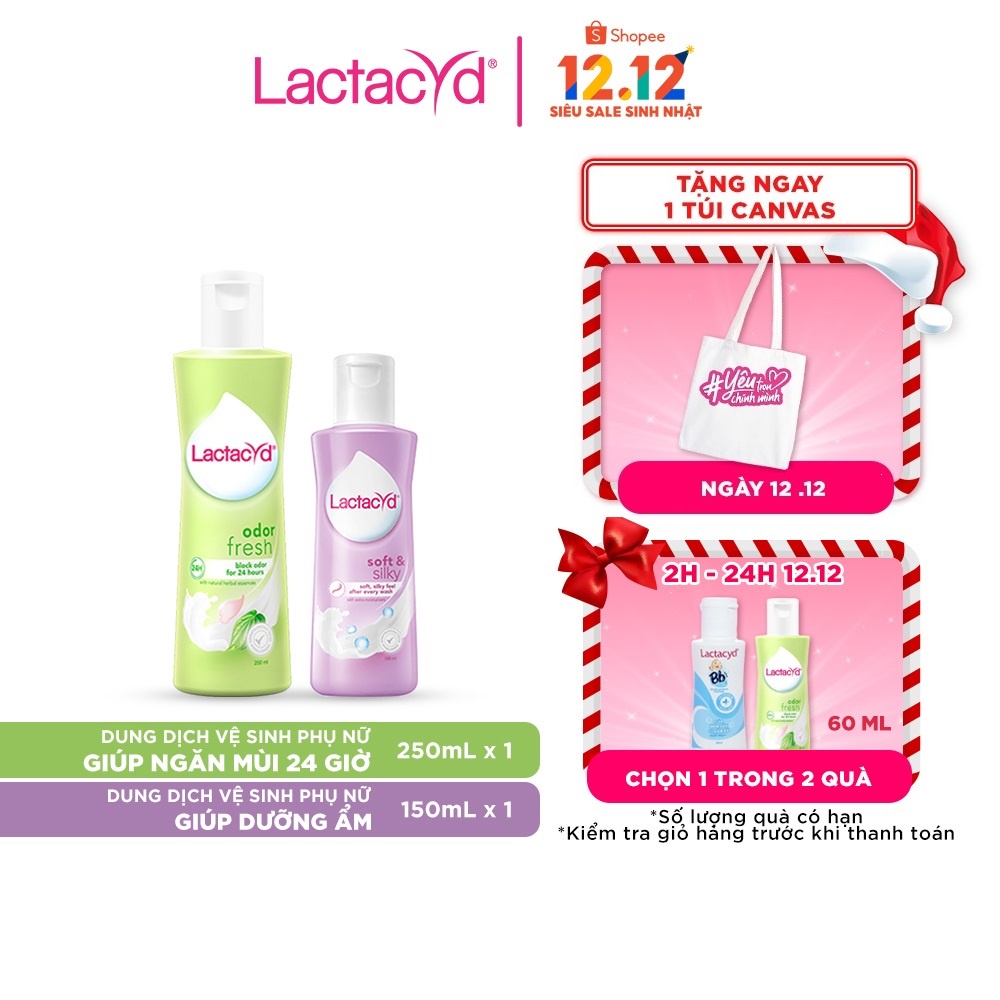 Bộ Dung Dịch Vệ Sinh Phụ Nữ Lactacyd Odor Fresh Ngăn Mùi 24H 250ml + Soft & Silky Dưỡng Ẩm 150ml