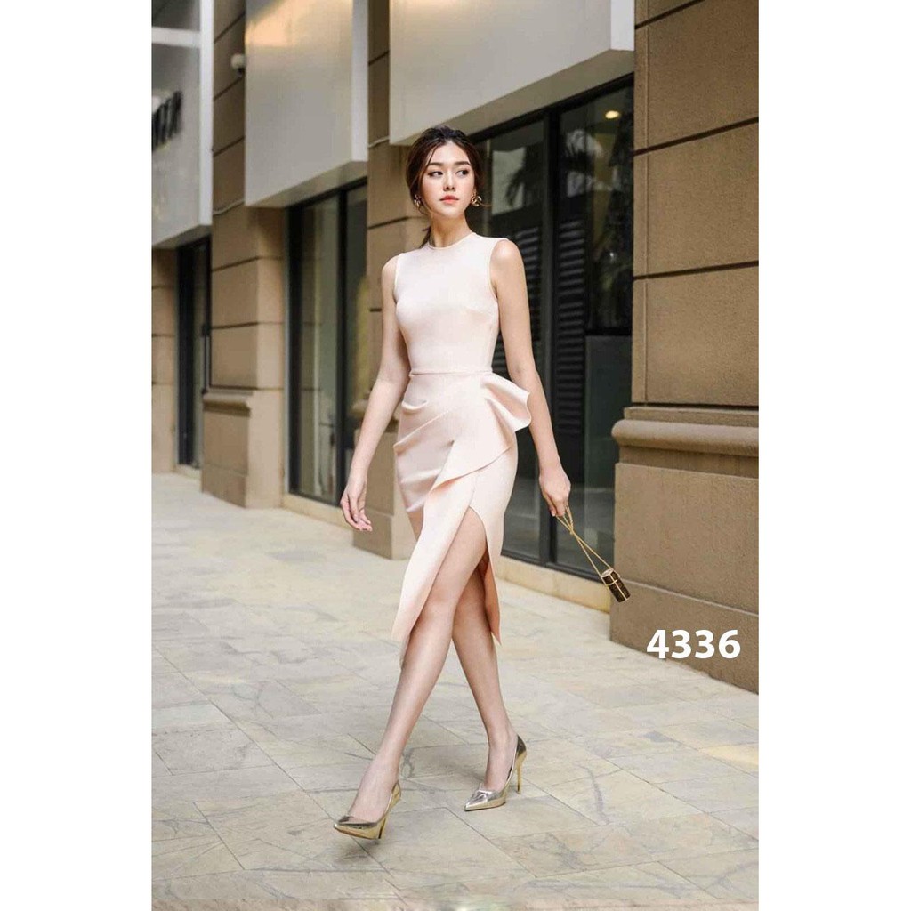 Đầm Ôm Body Dự Tiệc Phối Bèo Hông Xẻ Tà Tôn Dáng