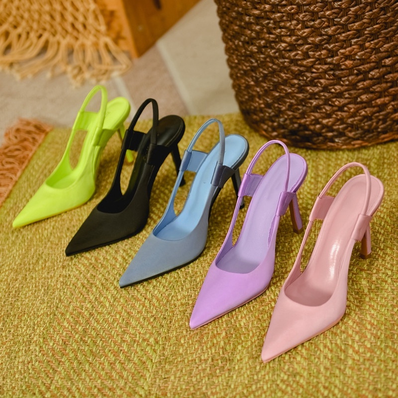 Giày Sandal Cao Gót Hở Ngón Mũi Nhọn Bằng Satin Màu Xanh Dương Thanh Lịch Cho Nữ