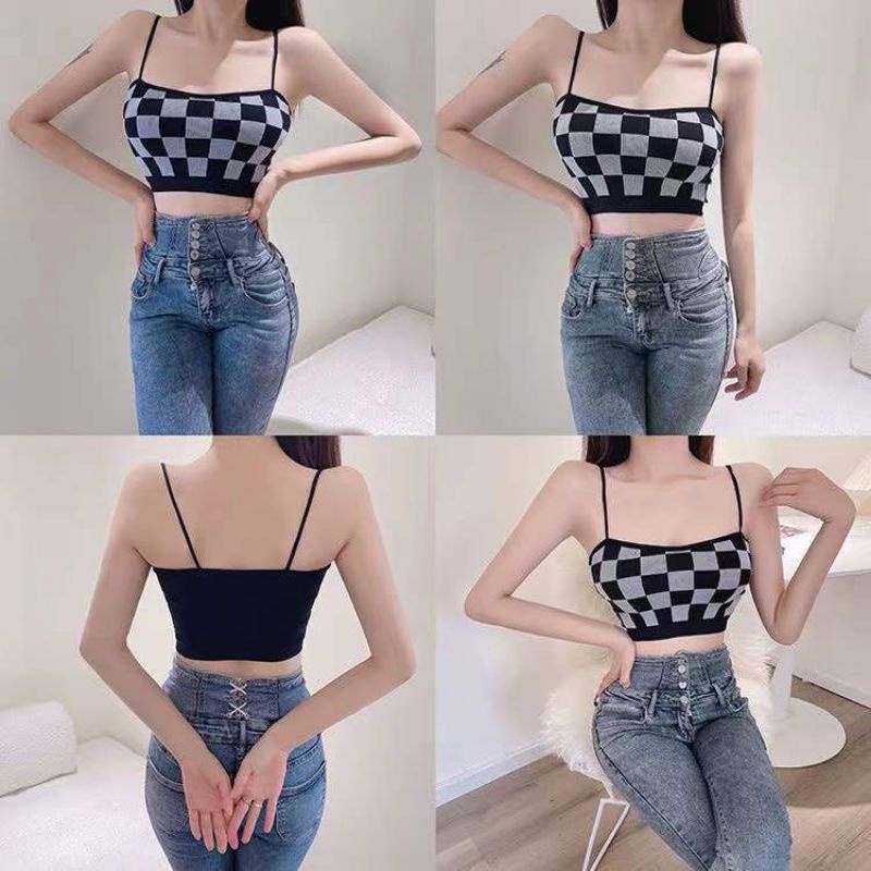 Áo bra quây ngang 2 dây mút may liền hoạ tiết caro