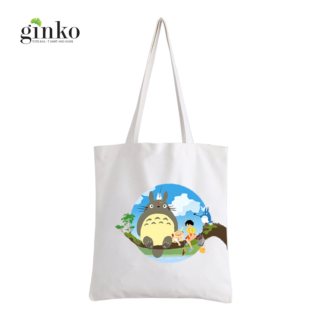 Túi Vải Tote GINKO Kiểu Basic dây kéo In Hình Totoro &amp; Friends G13