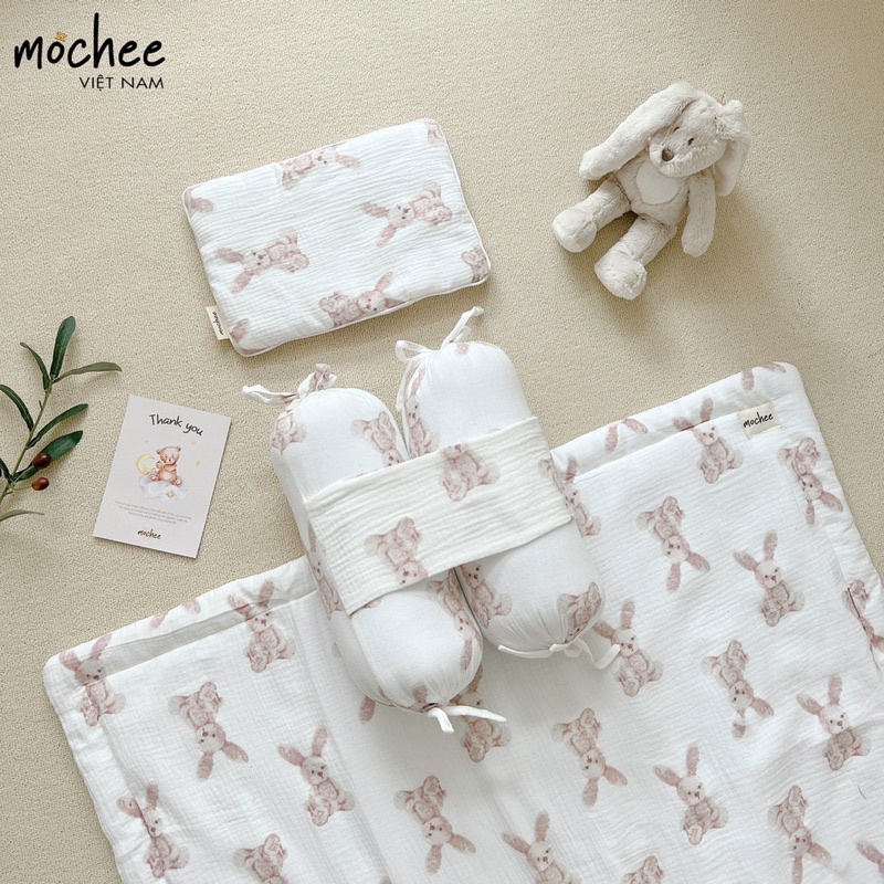 Mochee - Set gối chặn bông + gối đầu Muslin mềm mại, thấm hút tốt, giúp bé ngủ ngon