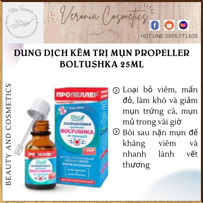 Dung dịch kẽm giảm mụn Propeller Boltushka 25ml làm khô mụn nhanh, giảm viêm sưng, nhanh lành vết thương