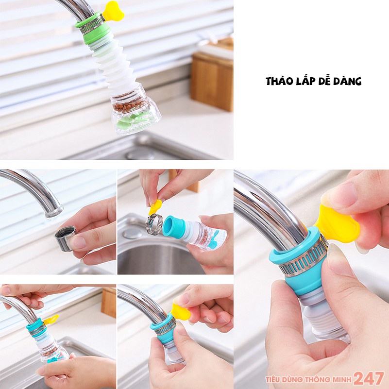 Đầu vòi gắn ống nước bồn rửa chén tiết kiệm nước xoay 360