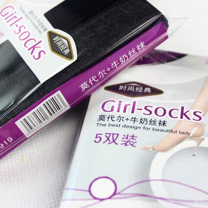 Set 5 đôi tất lụa nữ cổ ngắn Girl socks dệt kim pha lê siêu mỏng dai trong suốt chống trượt màu da nude đen