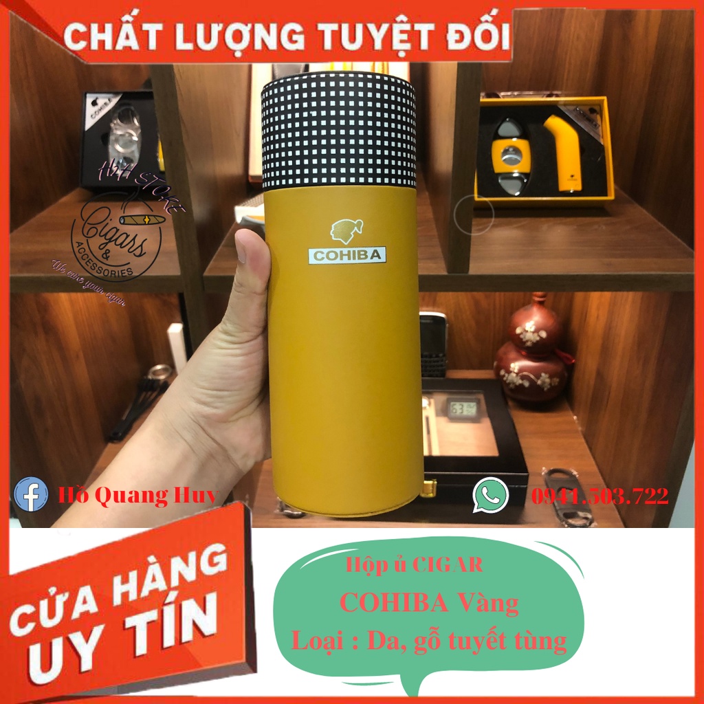 Hộp ủ Cigar COHIBA ống trụ tròn, bên ngoài da, bên trong gỗ Tuyết Tùng