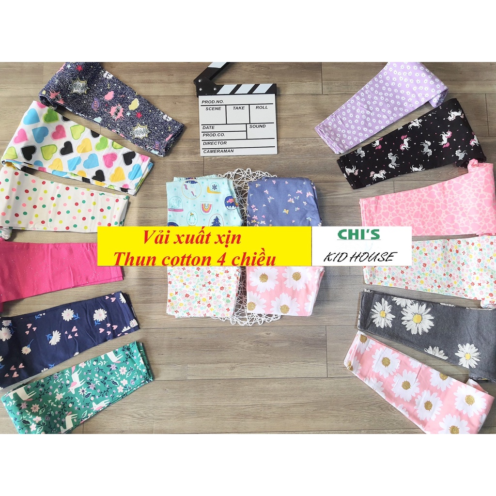 SET 5 QUẦN LEGGING DÀI HOẠ TIẾT THUN COTTON XUẤT DƯ 4 CHIỀU CHO BÉ GÁI 9-41KG