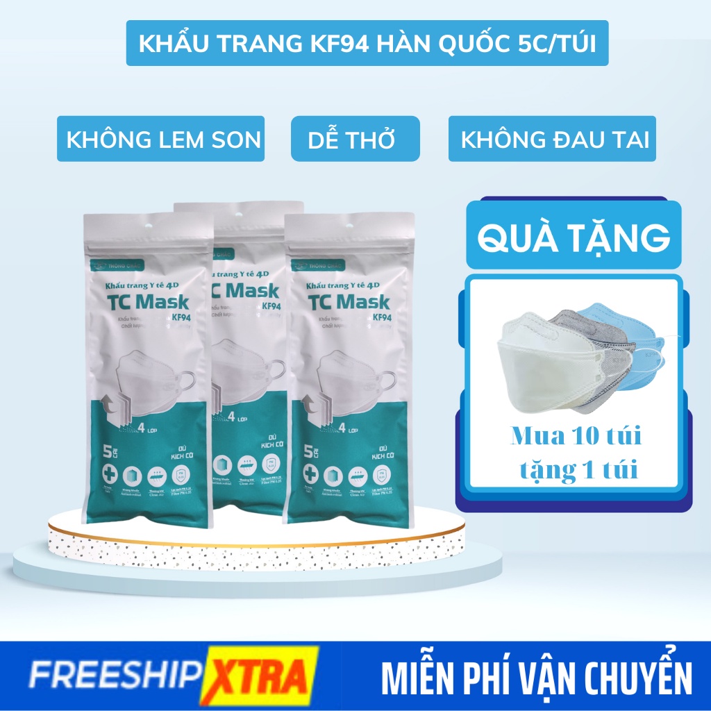 Khẩu trang KF94 , khẩu trang 4D Hàn Quốc - Khẩu trang y tế 4 lớp kháng khuẩn màu trắng xanh xám