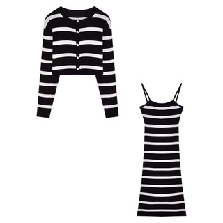 set váy len basic : đầm váy len 2s 2 dây body + áo choàng len cardigan (37005#)