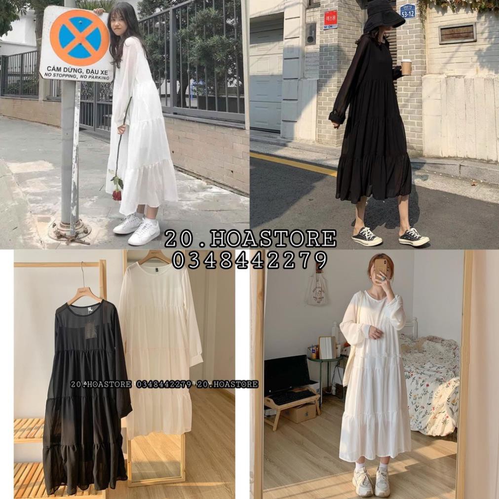 VÁY VOAN SUÔNG 3 TẦNG TAY DÀI - ĐẦM MAXI VOAN TRẮNG 2 LỚP CÔNG CHÚA MÀU ĐEN 👗 ྇