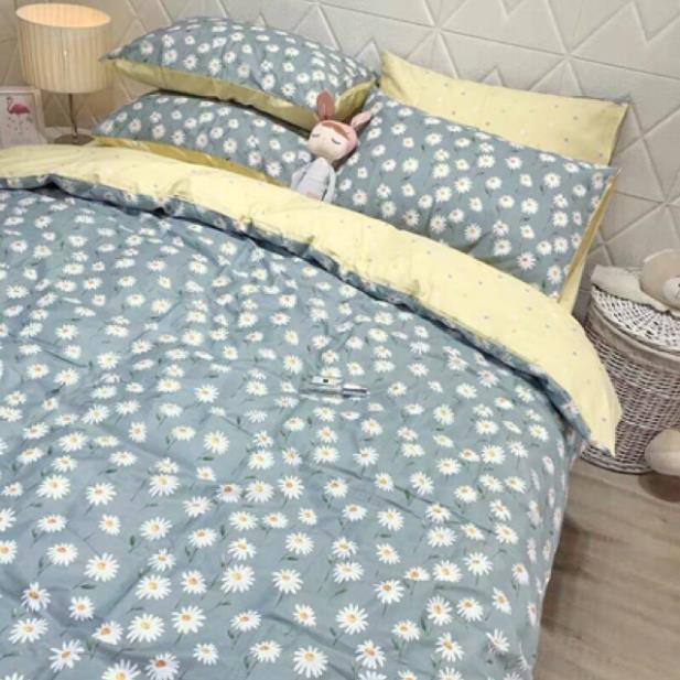 [Freeship 10k] Bộ Chăn Ga gối cotton poly Emmidecor cao cấp- mẫu cúc trắng ga chấm bi vàng giá tốt