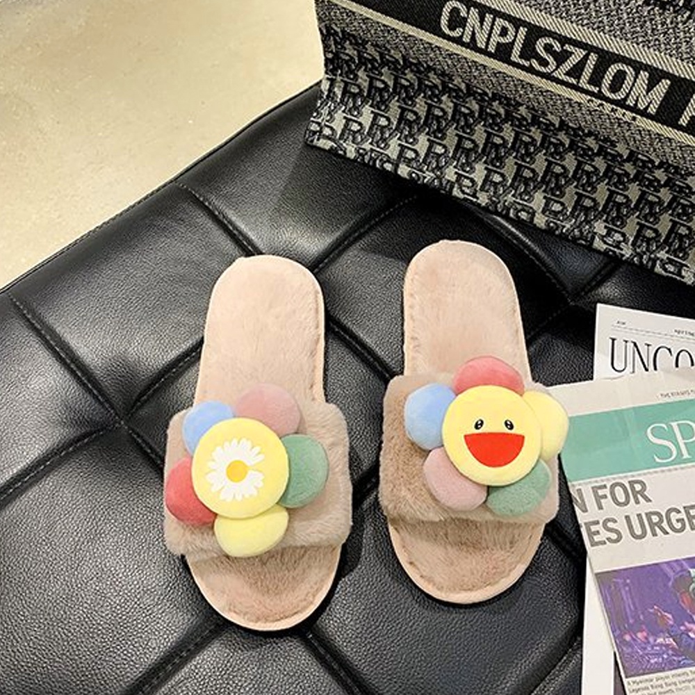 Dép lông thỏ Hoa mặt cười, siêu êm chân, dạng bánh mì quai ngang, mang trong nhà, văn phòng