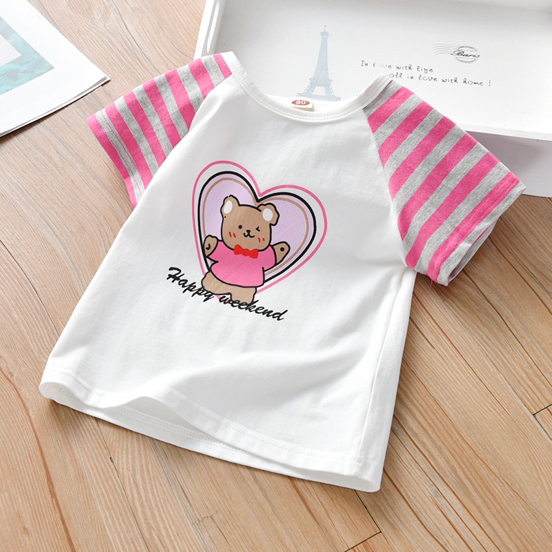 Áo Thun Tay Ngắn In Họa Tiết Hoạt Hình Màu Tương Phản Thời Trang Mùa Hè Cho Bé Gái