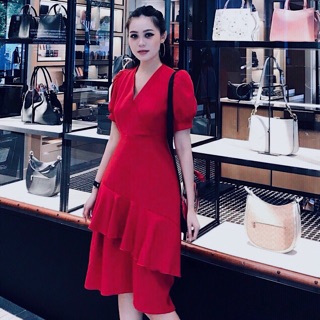 Đầm dự tiệc, váy midi màu đỏ 2 tầng lệch tà