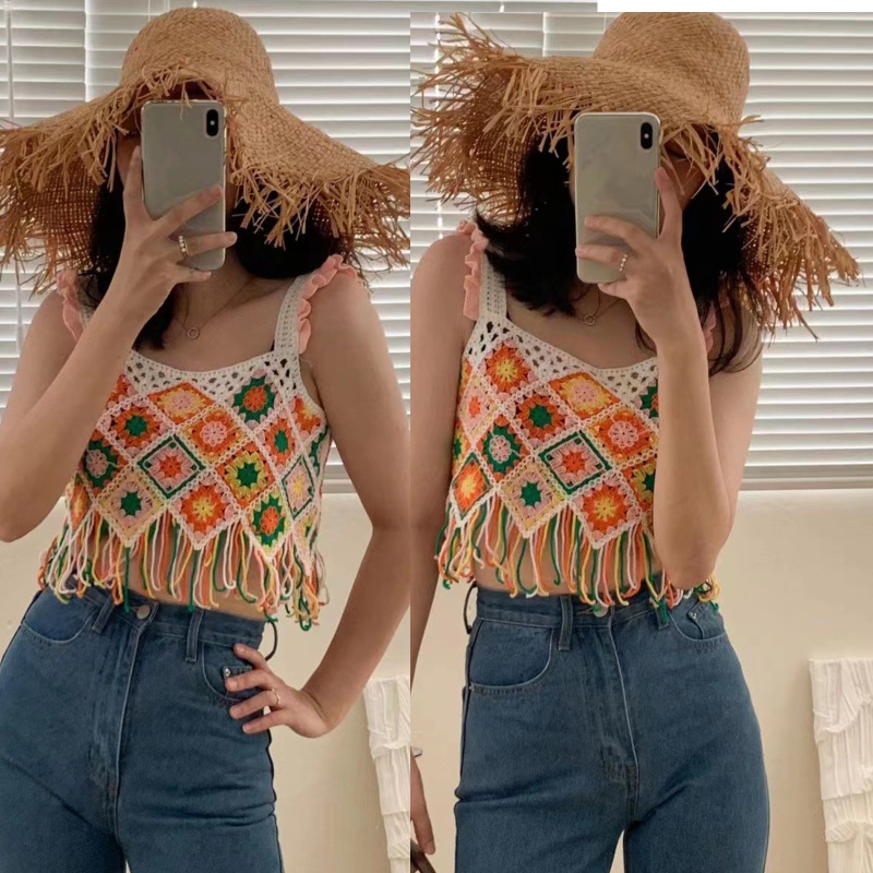 Xiangbao Áo Crop Top Dệt Kim Đan Móc Hình Học Tua Rua Màu Cầu Vồng Thích Hợp Đi Biển