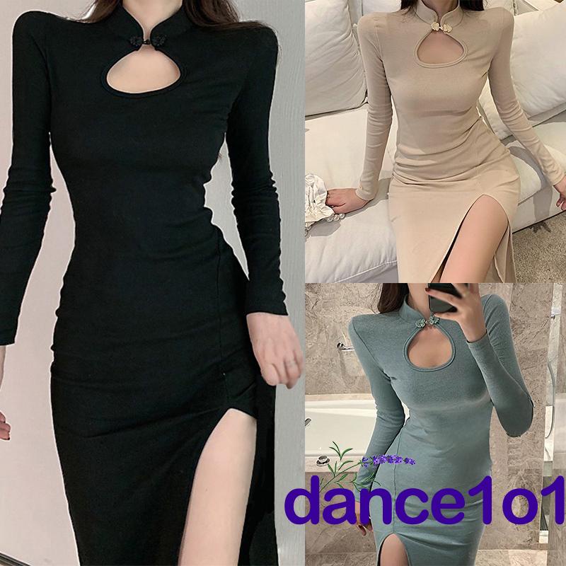 ✩Kt♂Đầm Ôm Cổ Đứng Xẻ Tà Cao Màu Trơn Cho Nữ