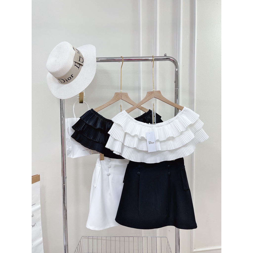 Set sơ mi bèo trễ vai chân váy ngắn siêu hot DN265