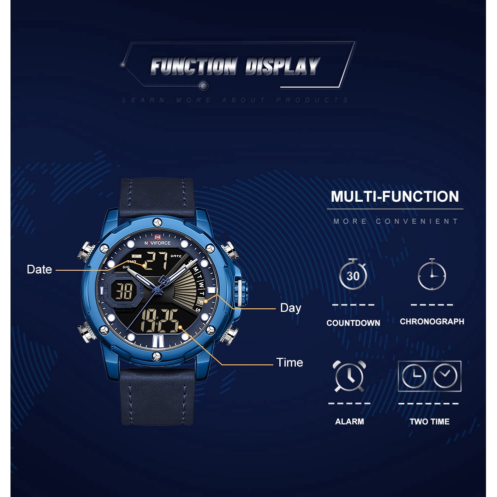Đồng hồ kỹ thuật số analog NAVIFORCE NF9172 dây da phong cách thể thao cho nam