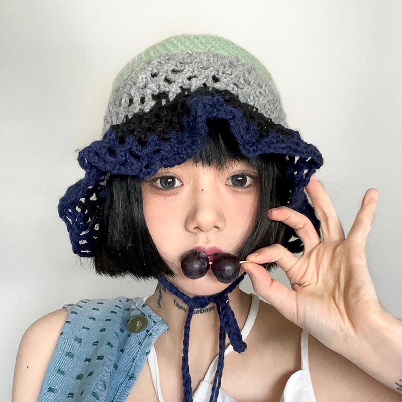 Nón Đan Len Tai Bèo Handmade Cột Dây Y2K Phong Cách Hàn Quốc