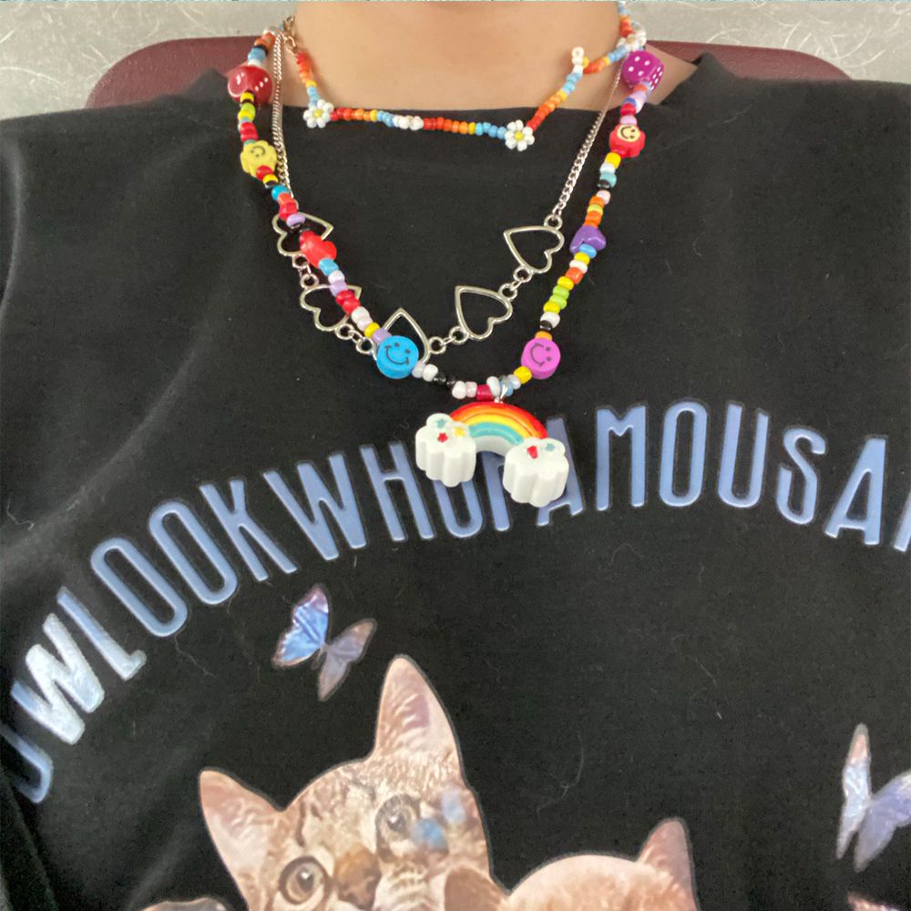 Vòng cổ xâu hạt bằng nhựa resin và silica gel màu cầu vồng phong cách Hàn Quốc dễ thương dành cho nữ