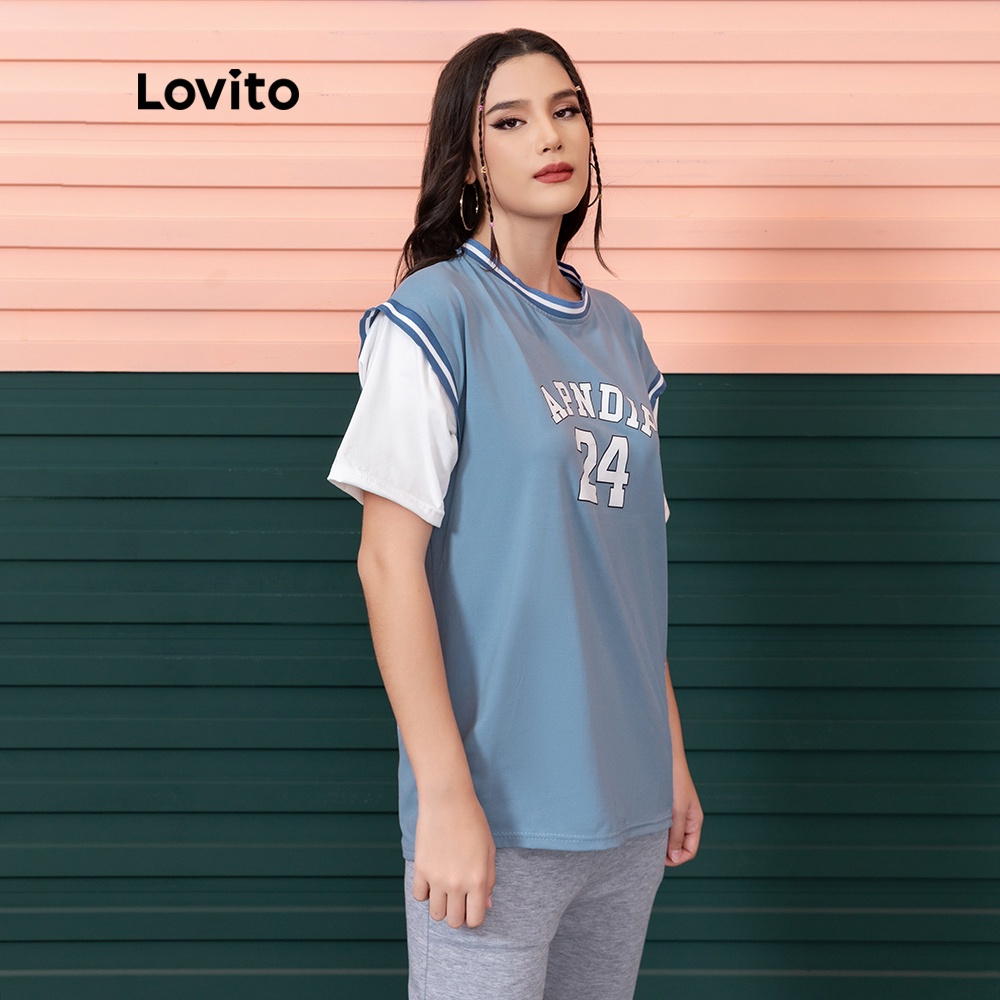 Áo Thun Lovito In Chữ Phong Cách Thể Thao 2 Trong 1 L06036 (Màu Xanh Dương)