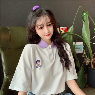 Áo thun POLO nữ tay lỡ có cổ phông form rộng freesize unisex mặc đi học, cặp, nhóm, lớp THÊU HÌNH TRAI GÁI