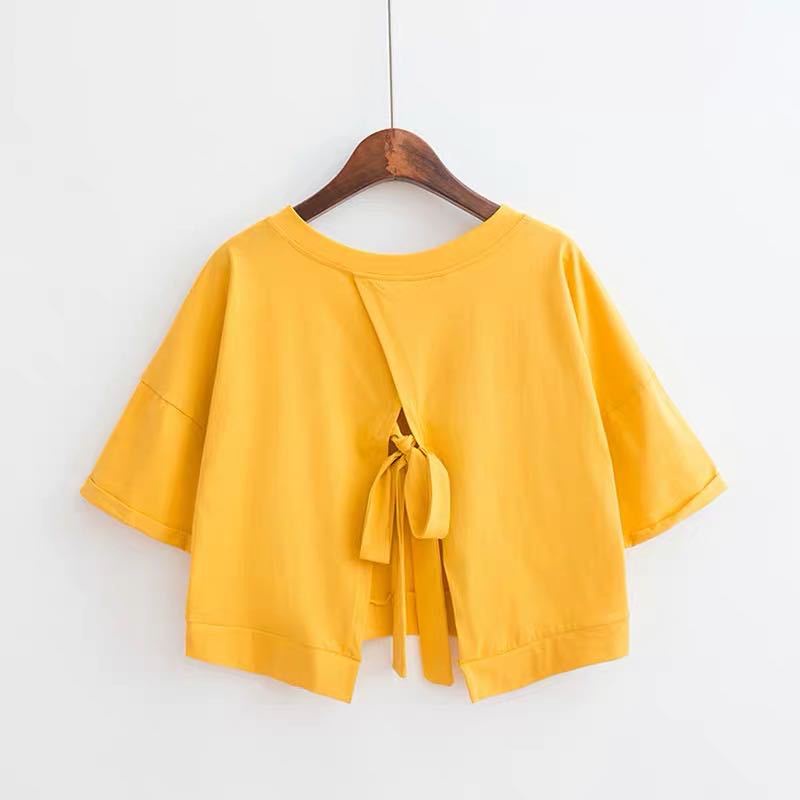 Áo Croptop Tay Ngắn Cổ Chữ V Màu Trơn Thiết Kế Xẻ Tà Sau Lưng Thời Trang Cá Tính Cho Nữ