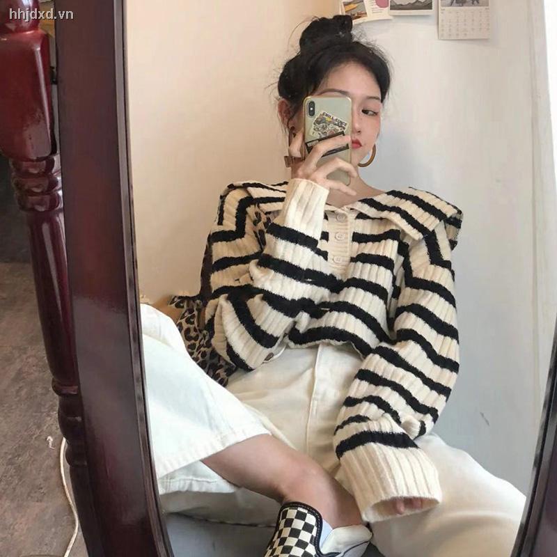 Áo Khoác Cardigan Dệt Kim Dáng Rộng Cổ Thủy Thủ Kẻ Sọc Màu Sắc Tương Phản Thời Trang Xuân Thu Cho Nữ 2021