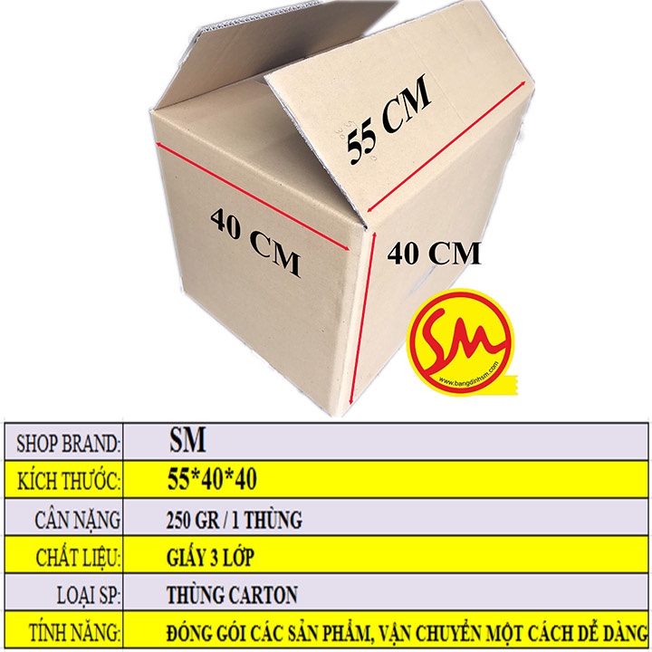 THÙNG CARTON, HỘP GIẤY CARTON 03 size dài 55cm 3 lớp sóng B chuyên dùng ĐÓNG GÓI CÁC SẢN PHẨM, VẬN CHUYỂN DỄ DÀNG