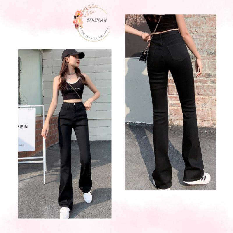 Quần jeans loe cạp cao phom dài may gấu chất bò dãn hack chân