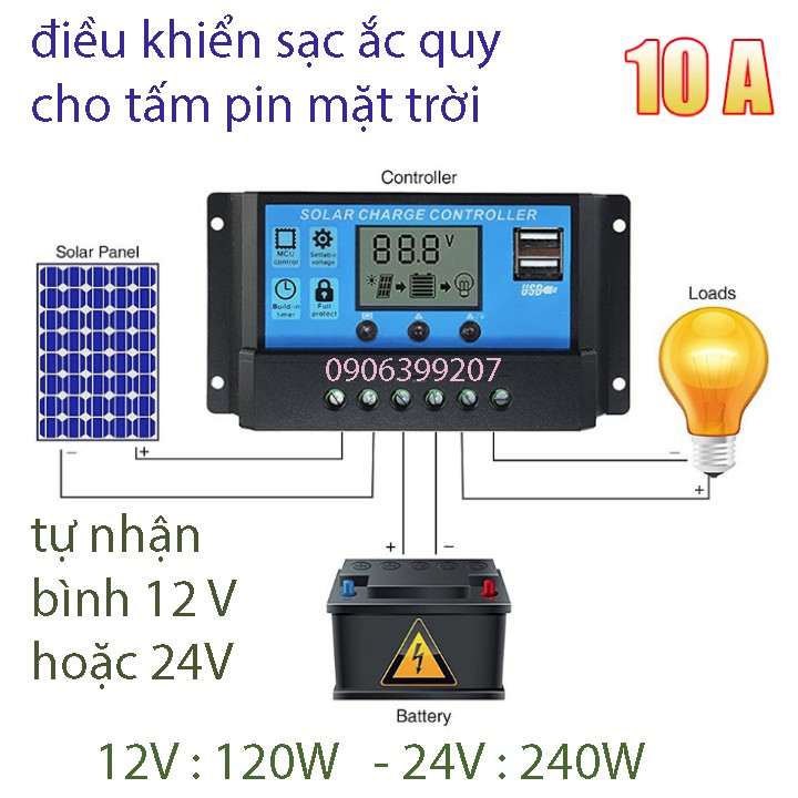 Bộ điều khiển sạc pin năng lượng mặt trời - 10a