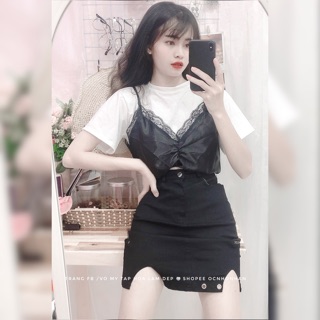 Set áo croptop phối chân váy khoen