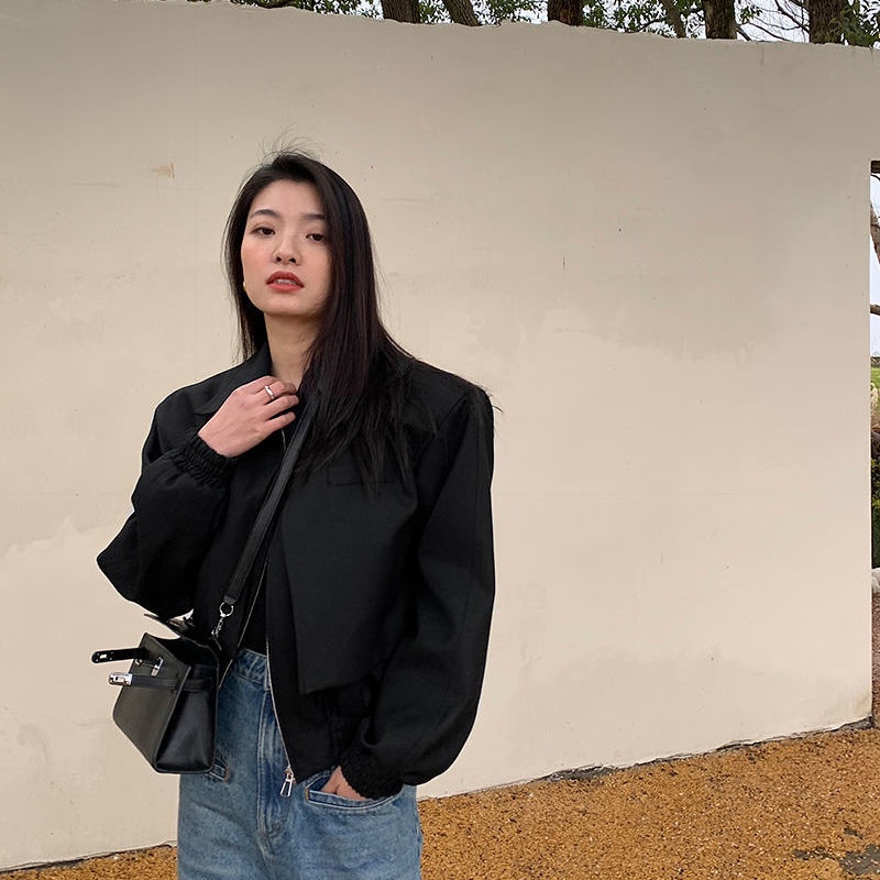 ✖Ruobi Áo Khoác Dáng Rộng Màu Đen Giả Hai Lớp Phong Cách Retro Mùa Xuân Dễ Phối Đồ Dành Cho Nam Nữ