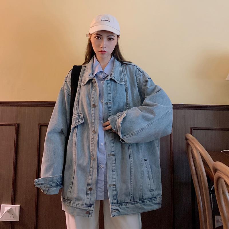 Áo khoác bóng chày vải denim dáng rộng phong cách đường phố Hàn Quốc thời trang xuân thu 2021 dễ phối đồ cho nữ
