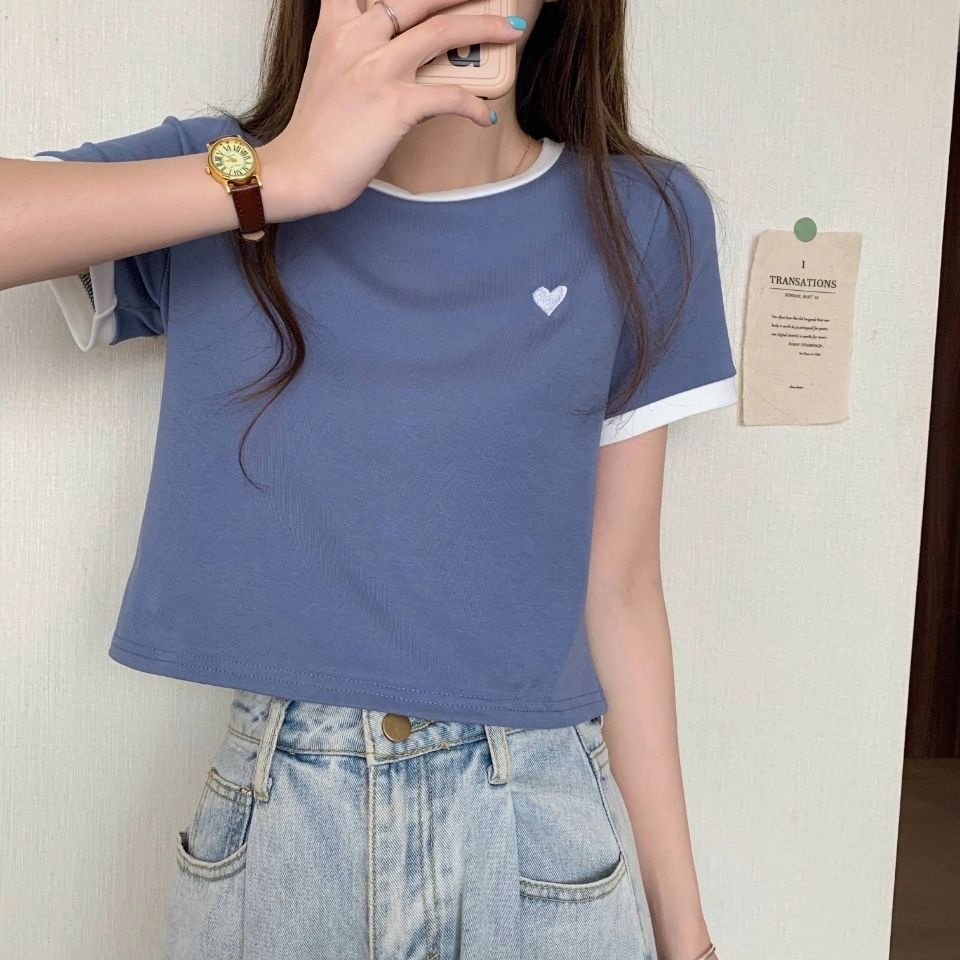 Áo Thun Ngắn Tay Thêu Họa Tiết Trái Tim Thời Trang Mùa Hè Phong Cách Hàn Quốc 2022 Cho Nữ