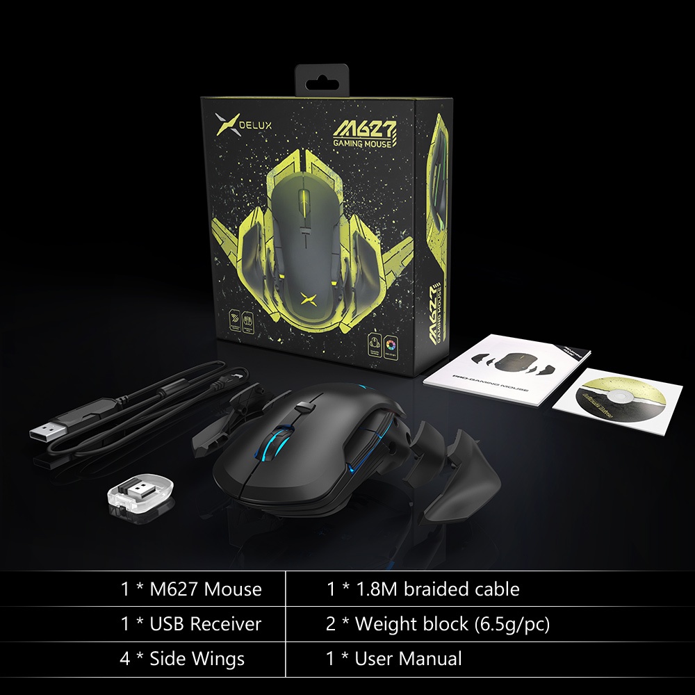 Chuột chơi game không dây Delux M627 PMW3389 16000 DPI 8 nút tự lắp ráp